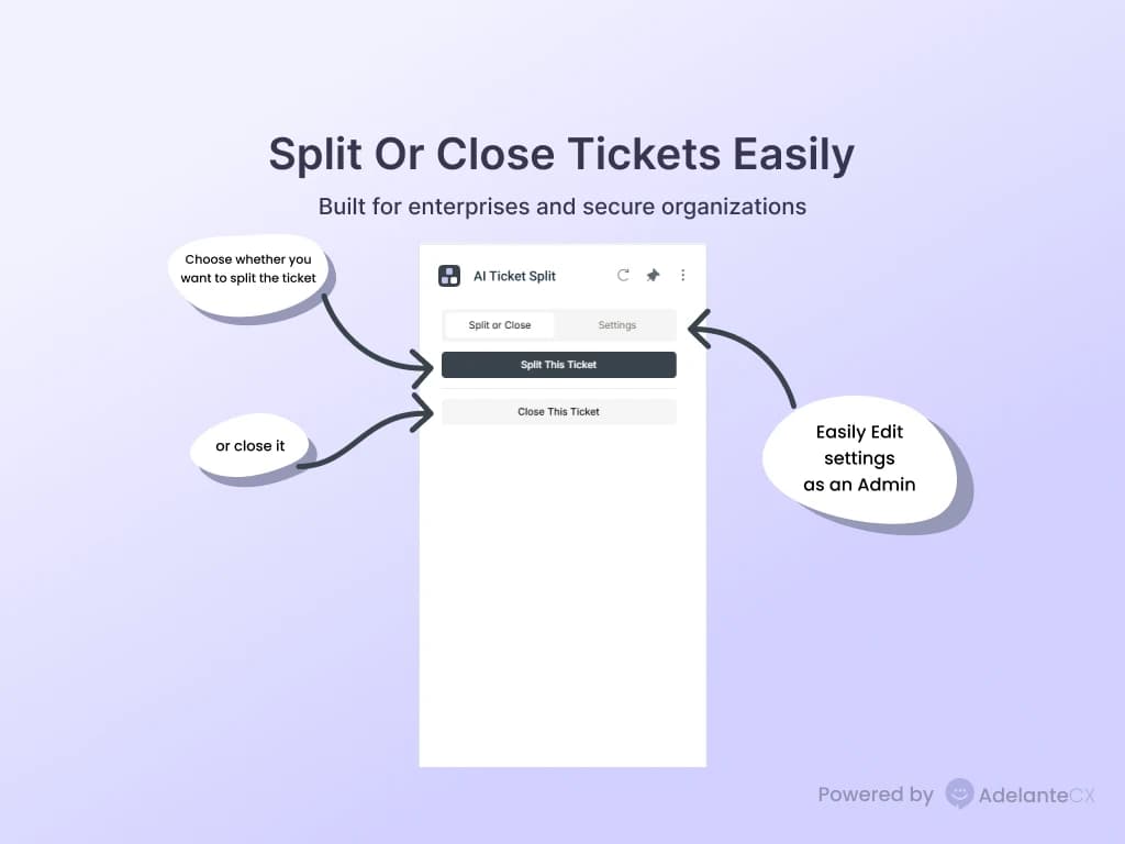 AI Ticket Split interface for splitting or closing tickets